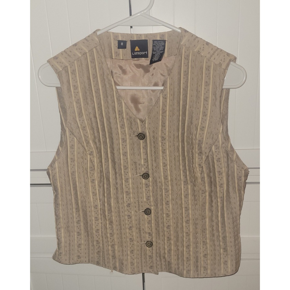 Lizsport Vest‎ Size 8 Vintage Floral Print Button Front Beige Career Casual